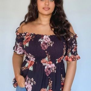 Plus Floral Print Off The Shoulder Peplum Top